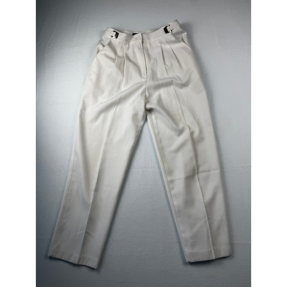 Vintage White High Waisted Pleated Trousers  Waist Buckle Dress Pants